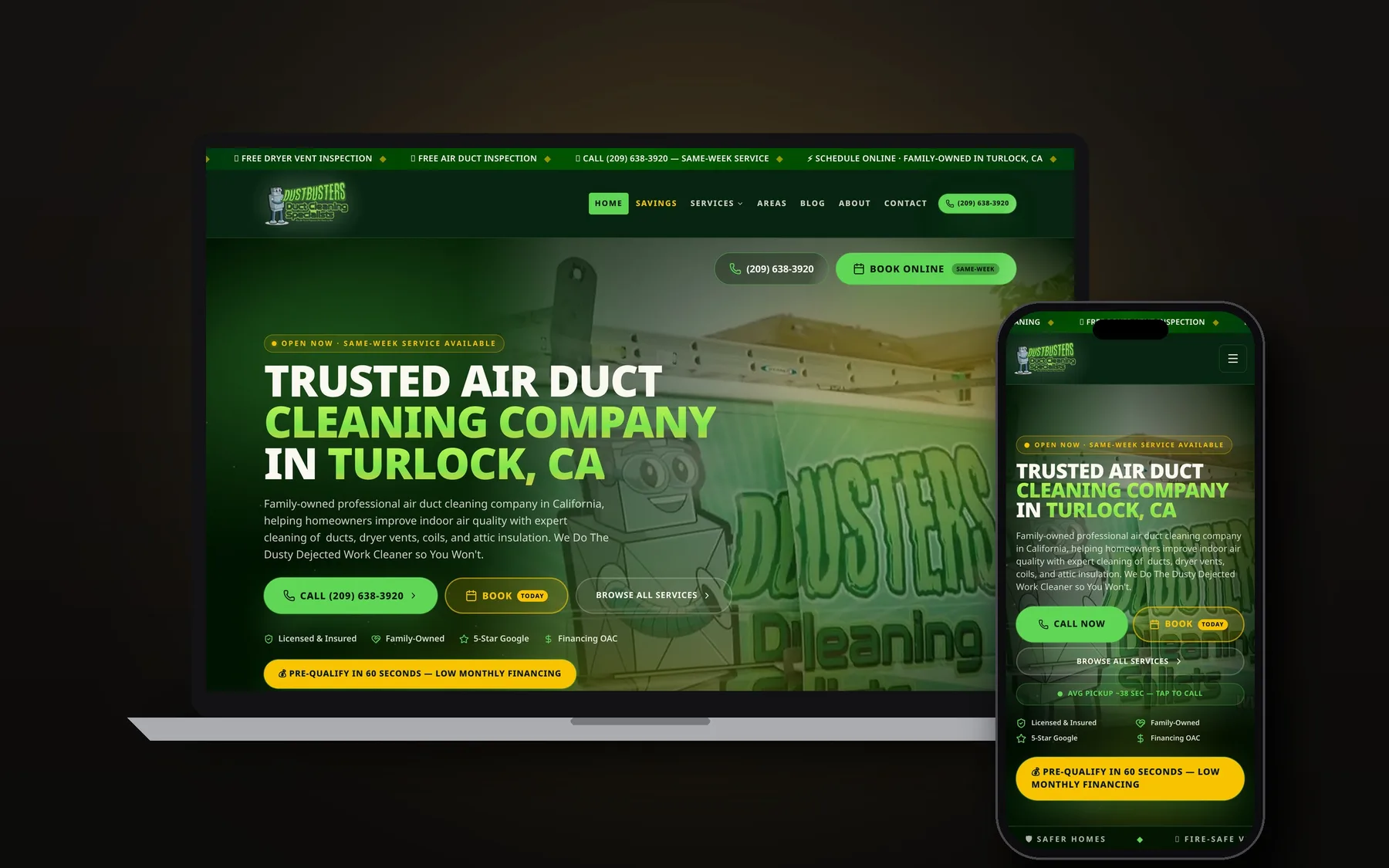 Dustbusters Duct Cleaning website shown on laptop and phone