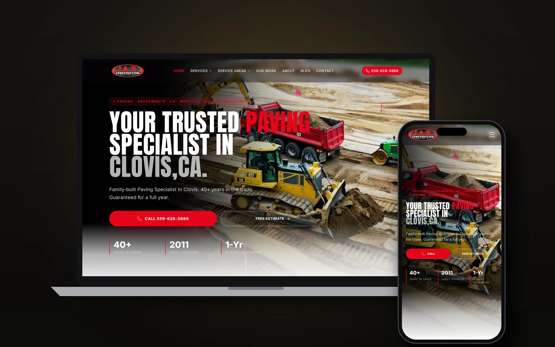 JAR Construction website shown on laptop and phone