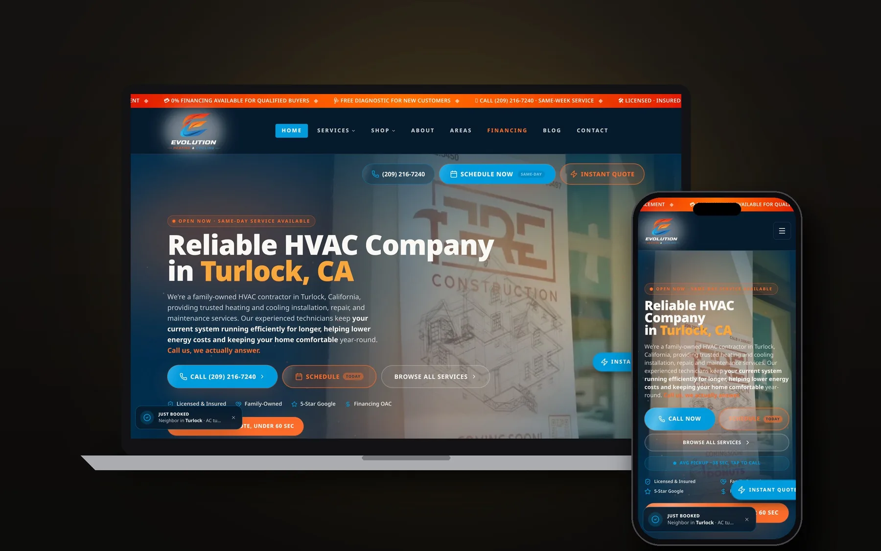 Evolution Heating & Cooling website shown on laptop and phone