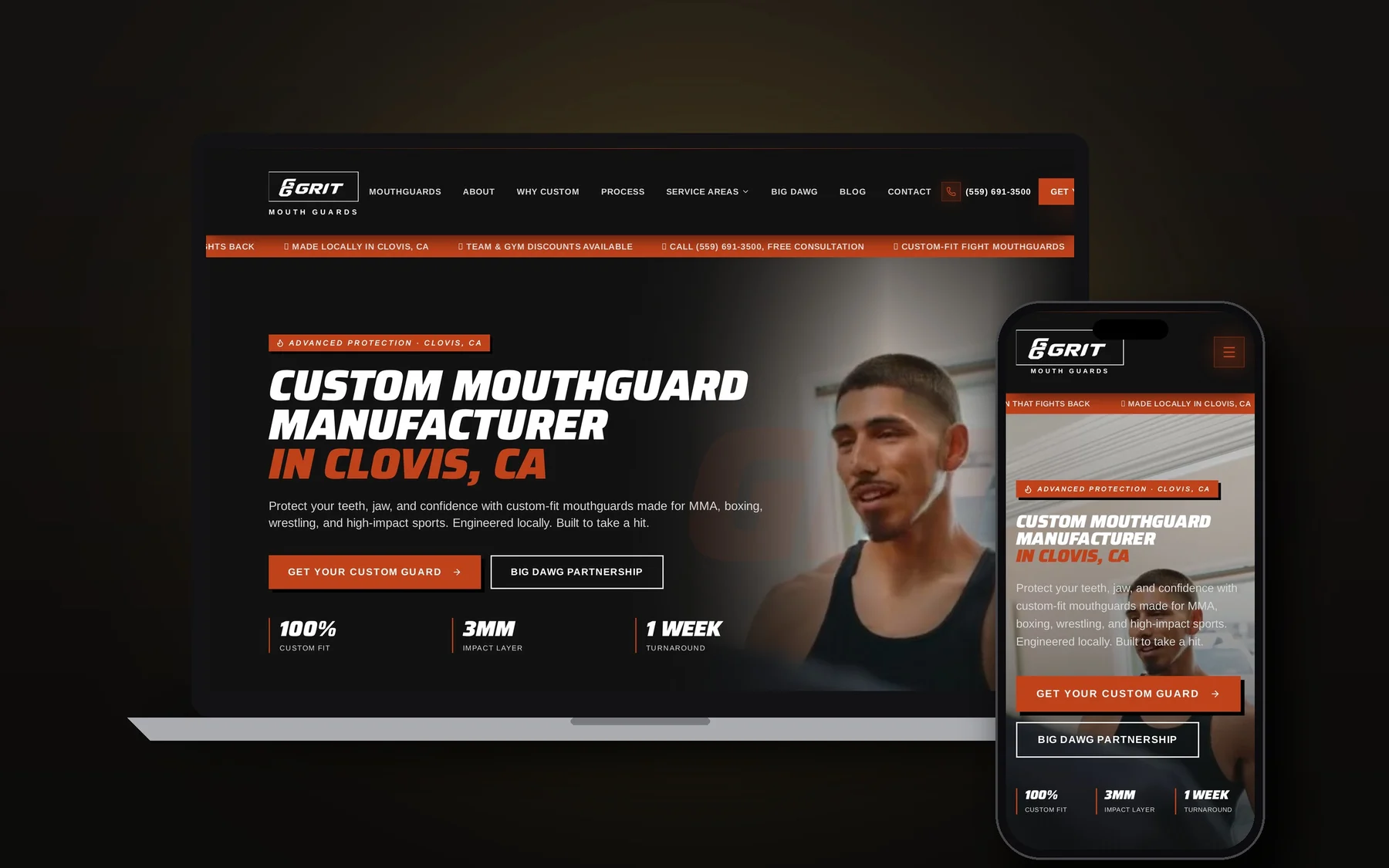 Grit Mouth Guards website shown on laptop and phone
