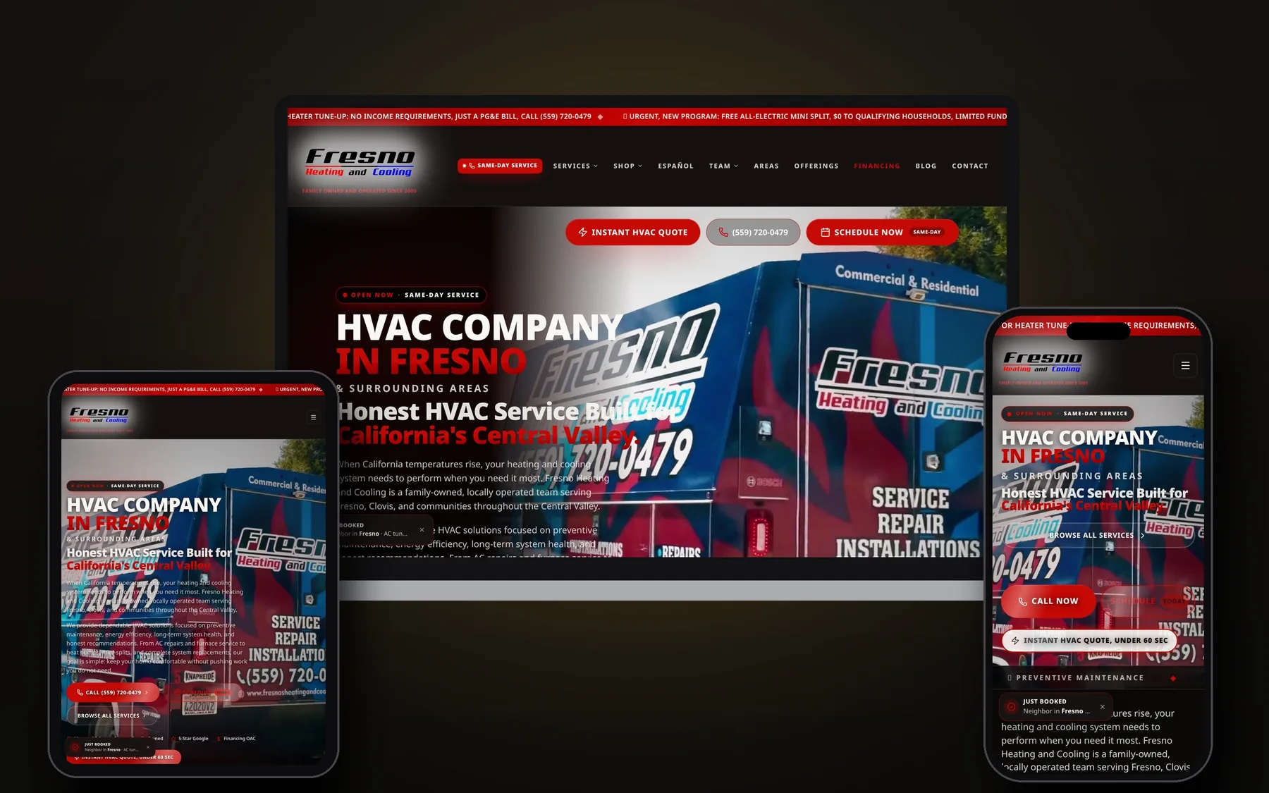 Fresno Heating & Cooling website shown on laptop, tablet and phone