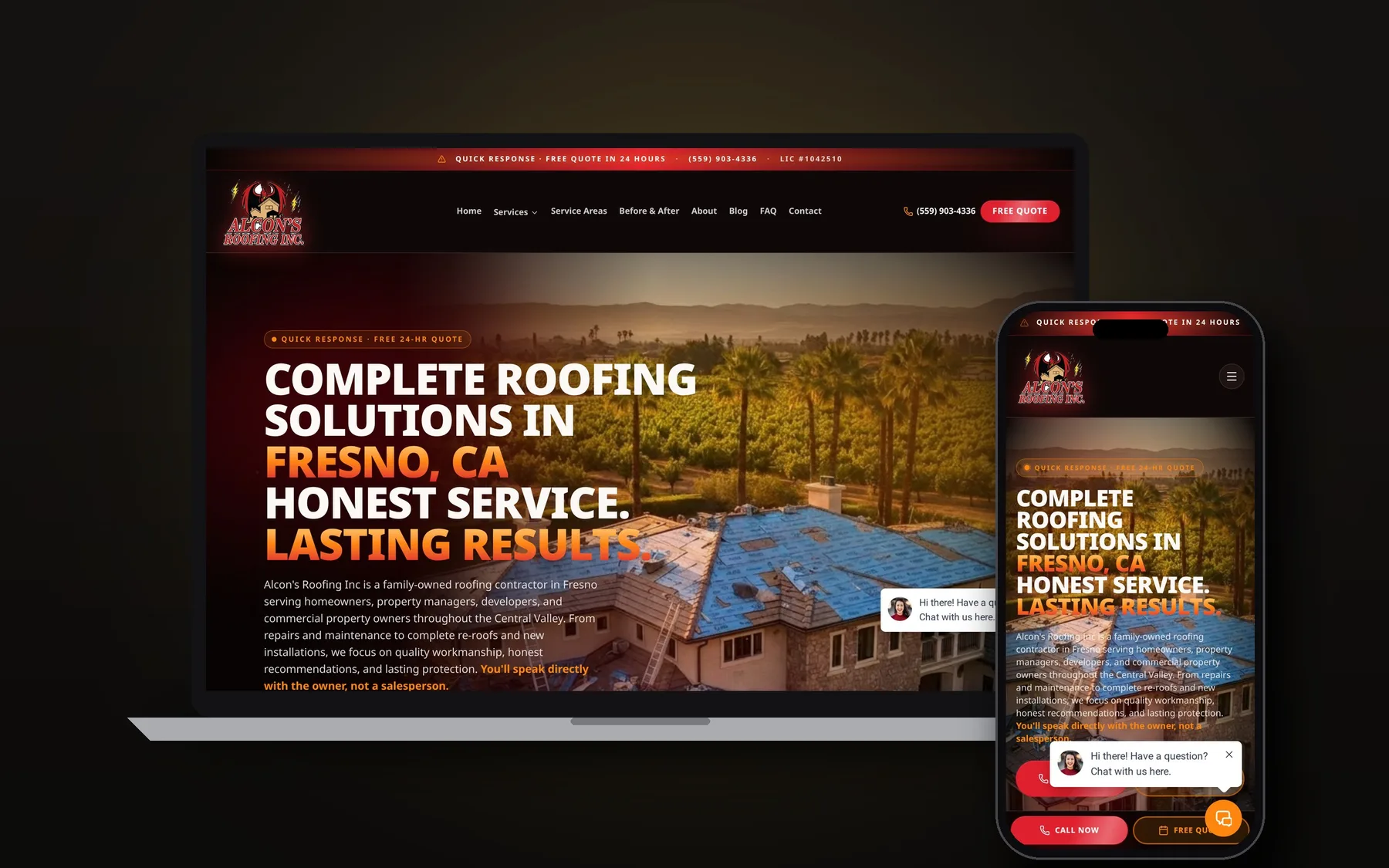 Alcon's Roofing website shown on laptop and phone