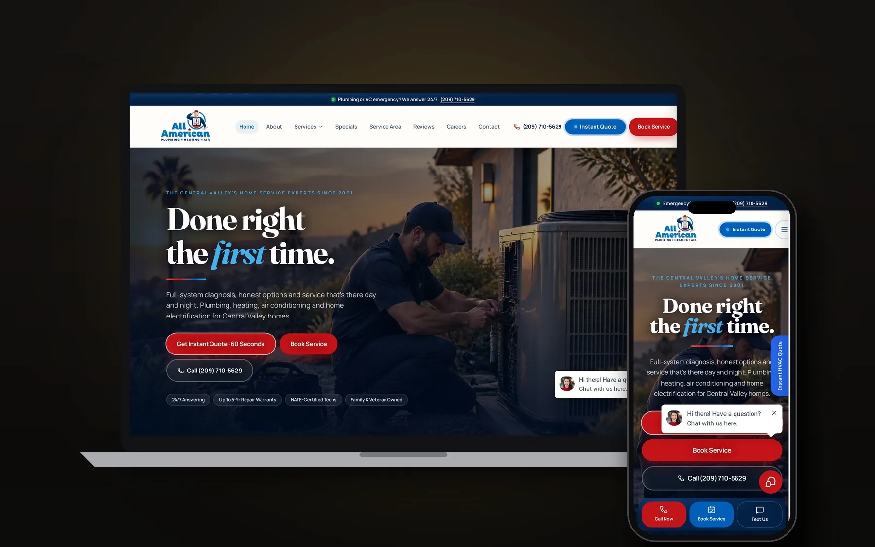 All American Plumbing Heating & Air website shown on laptop and phone