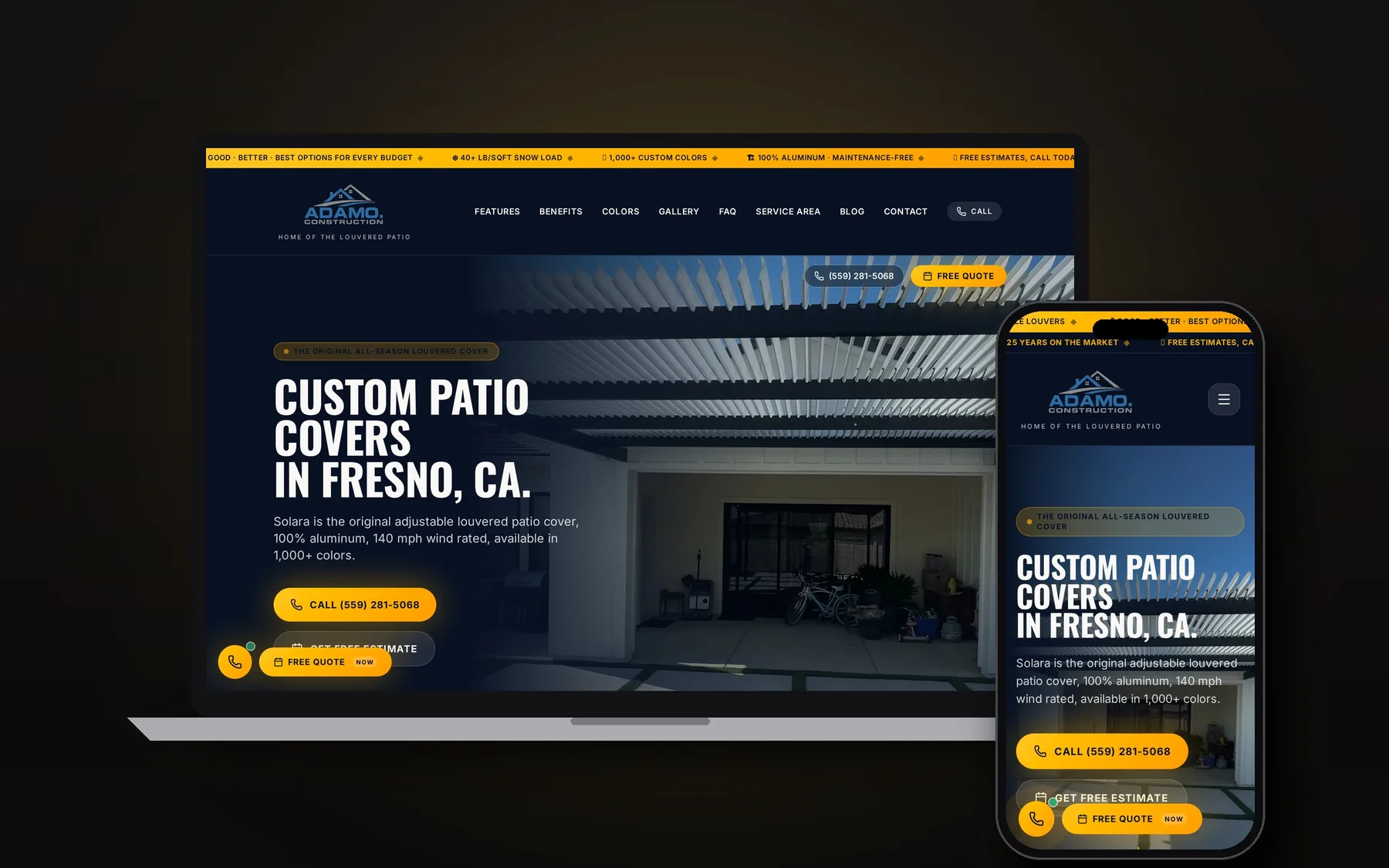 Adamo Construction website shown on laptop and phone