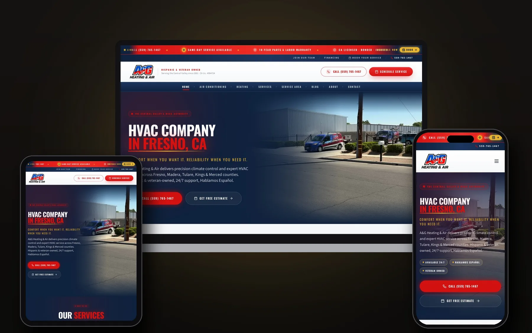 A&G Heating & Air website shown on laptop, tablet and phone