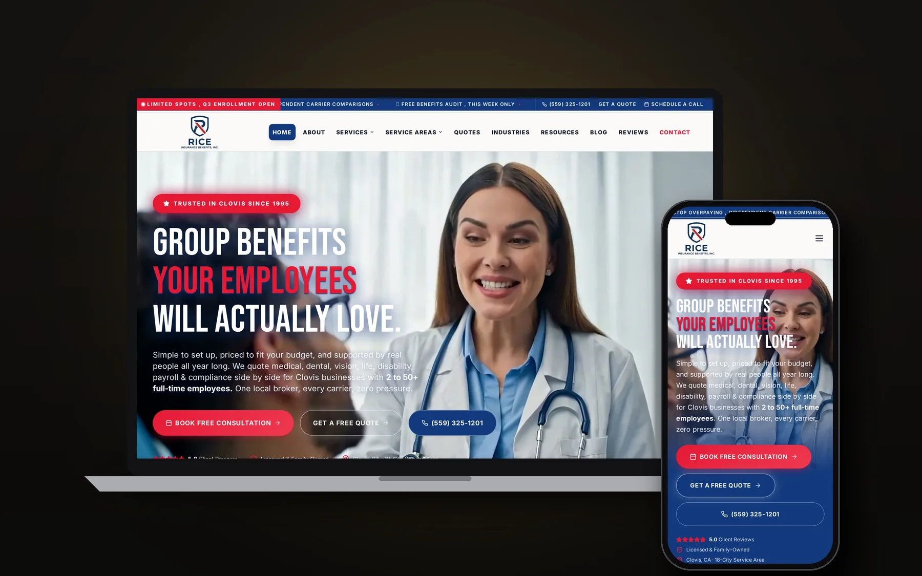 Rice Insurance Benefits website shown on laptop and phone