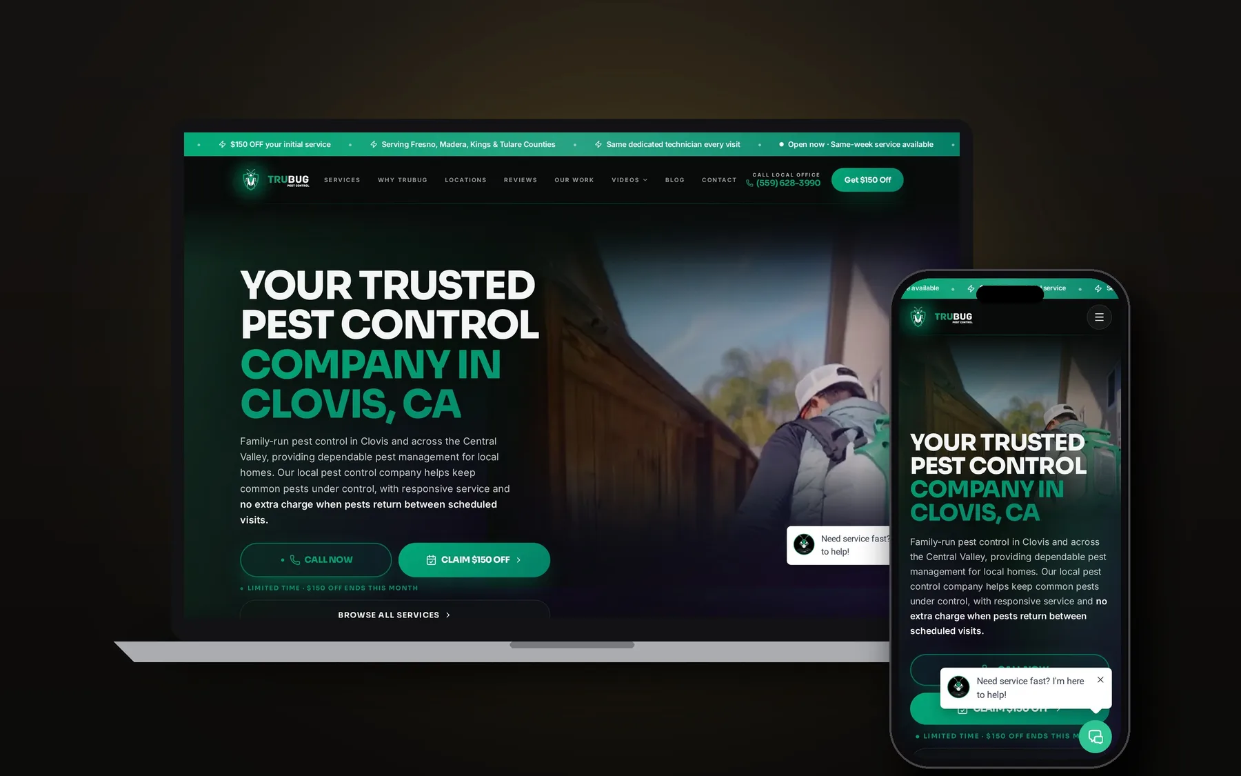 TruBug Pest Control website shown on laptop and phone