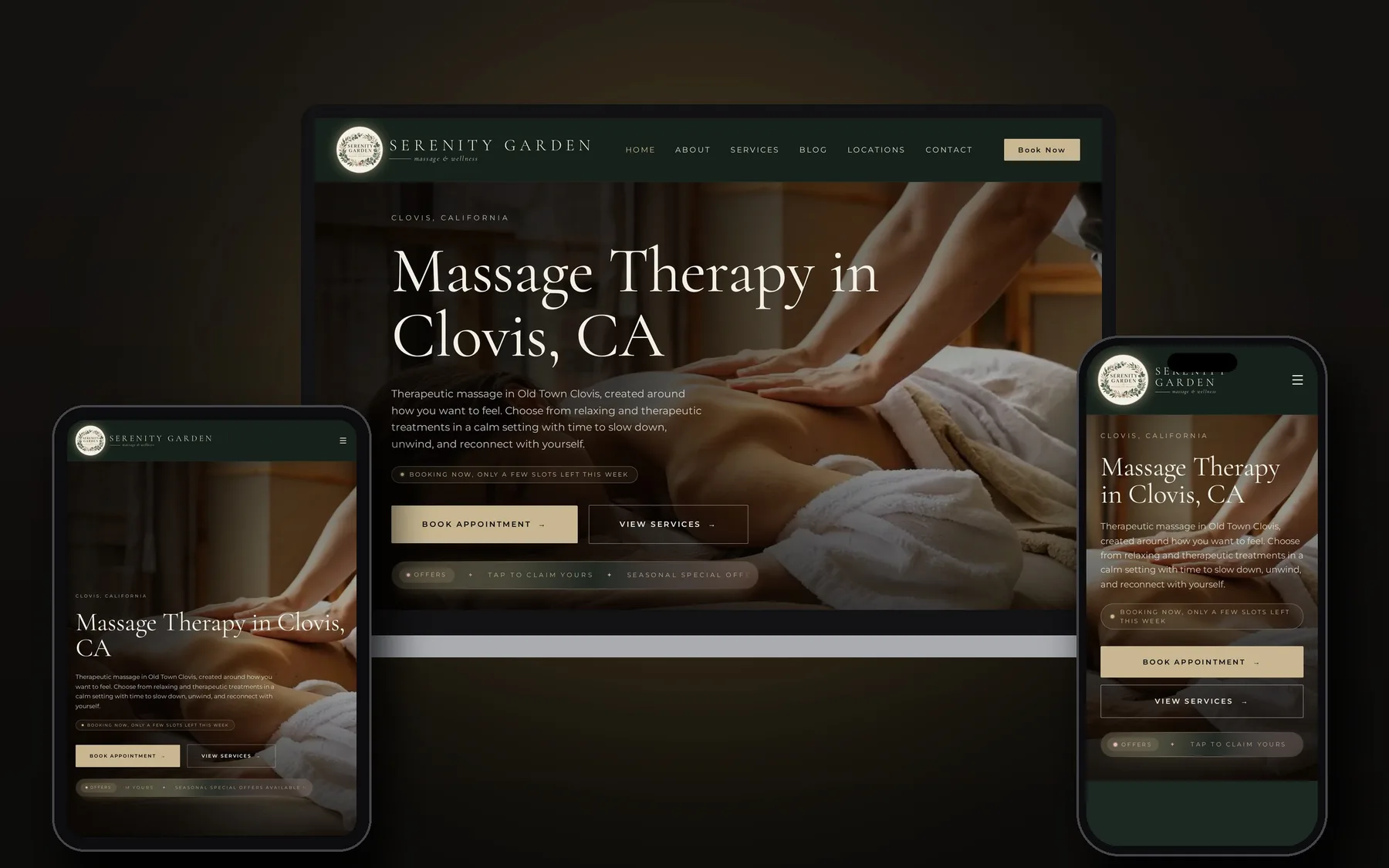 Serenity Garden Massage website shown on laptop, tablet and phone