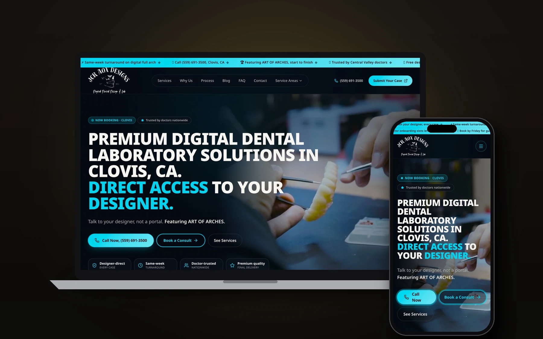 JCR AOX Designs website shown on laptop and phone