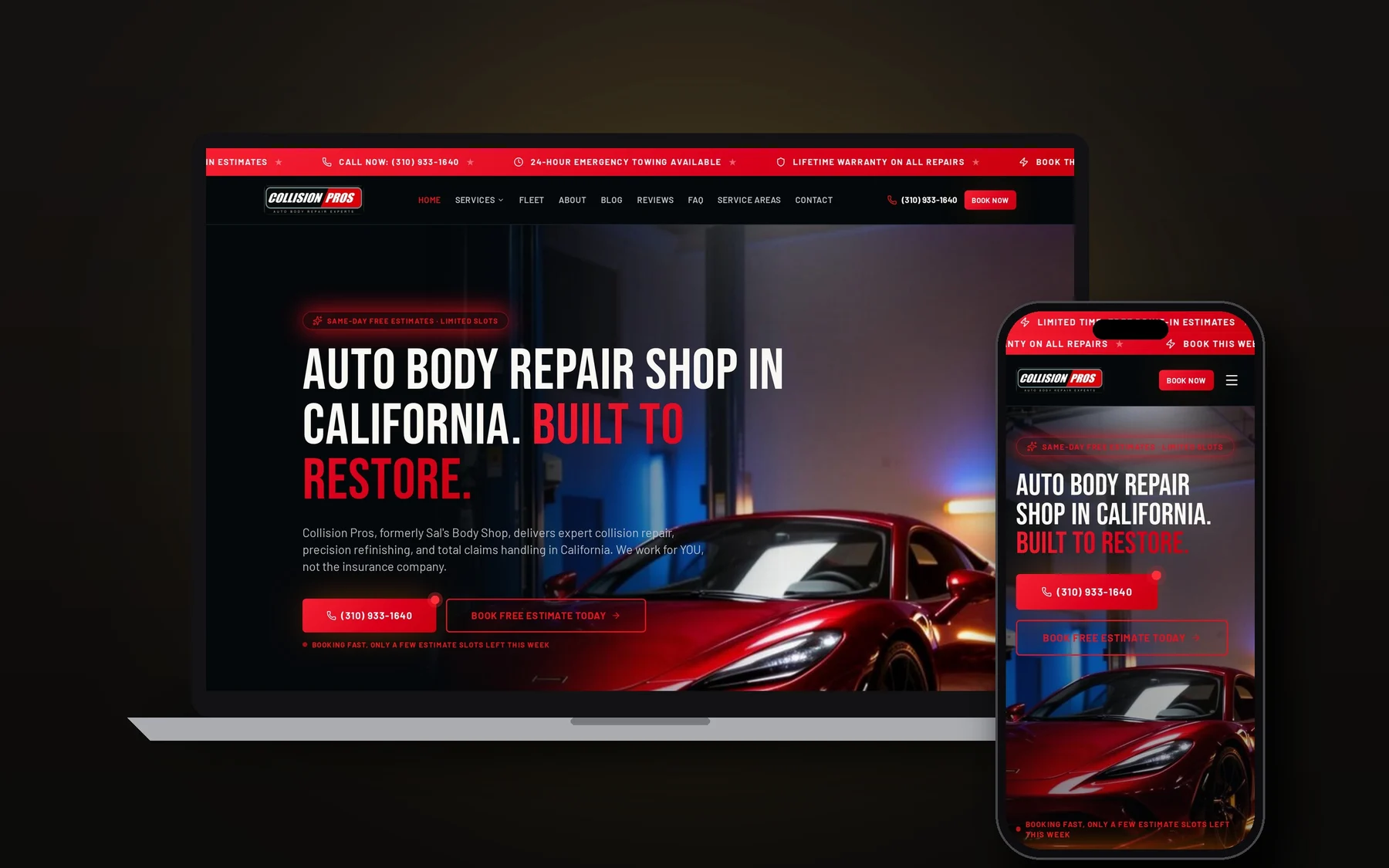 Collision Pros website shown on laptop and phone