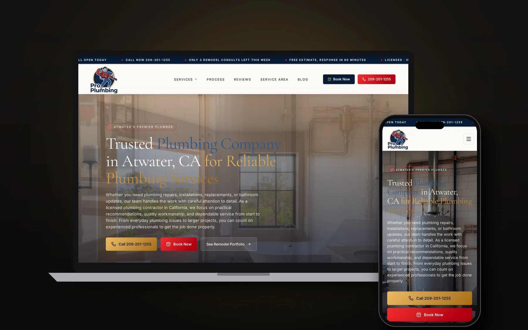 Pro Plumbing website shown on laptop and phone