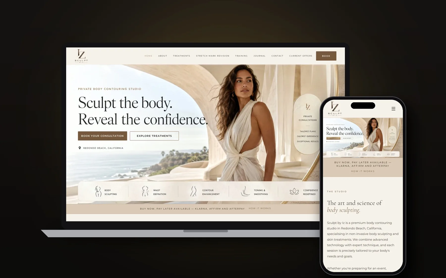 Sculpt by Iz website shown on laptop and phone