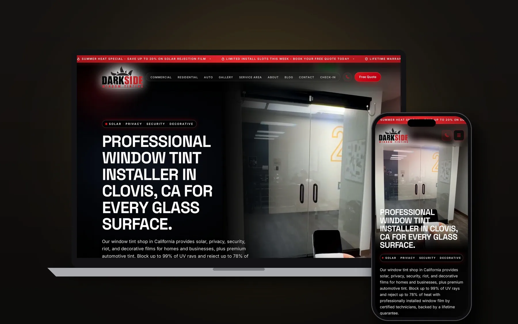 DarkSide Window Tinting website shown on laptop and phone
