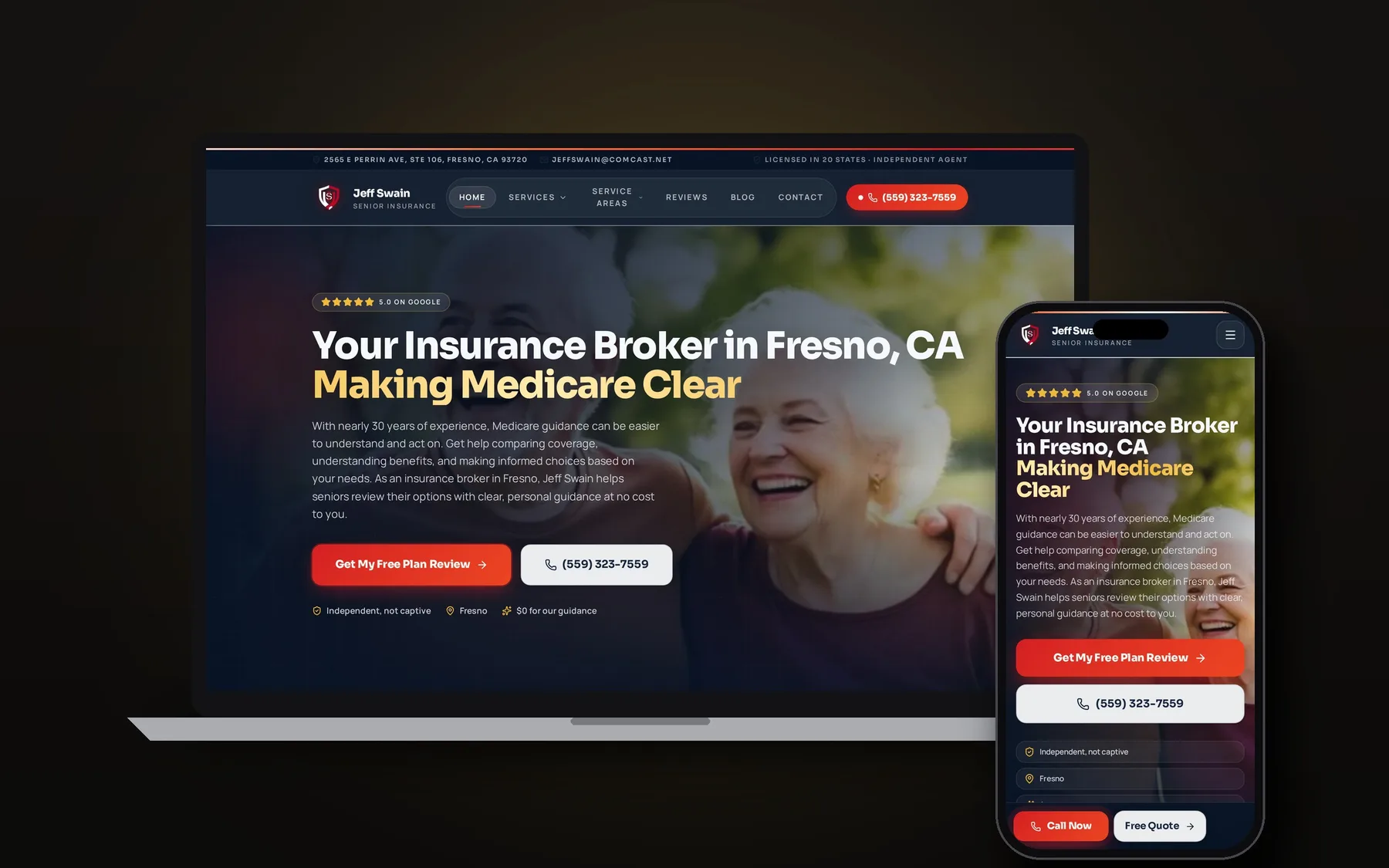Jeff Swain Senior Insurance website shown on laptop and phone