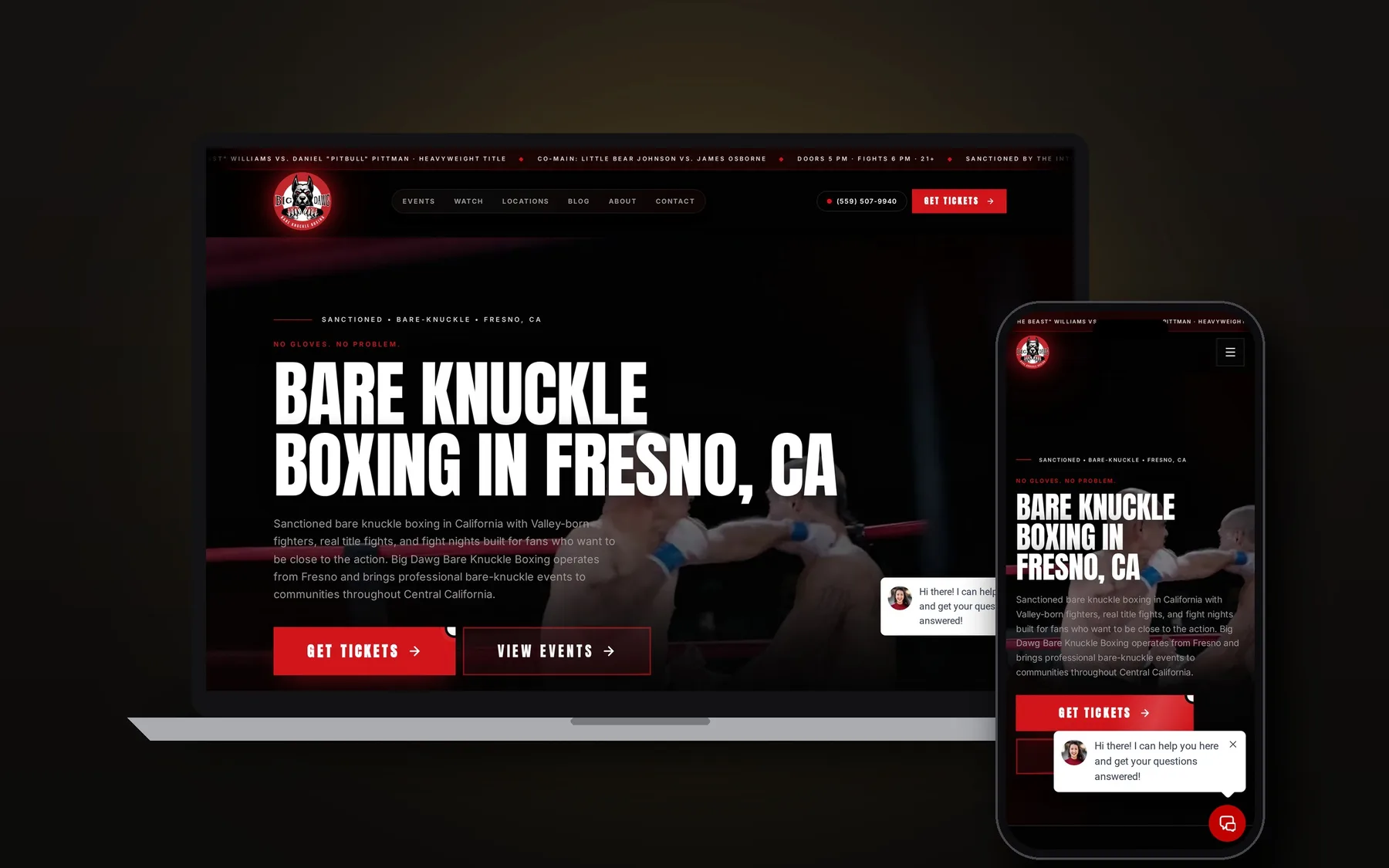 Big Dawg Bare Knuckle Boxing website shown on laptop and phone