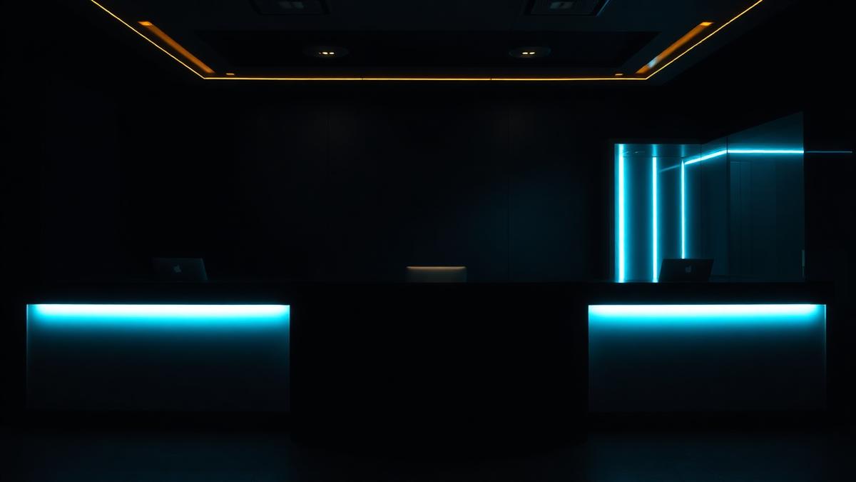 Empty reception desk glowing at night, representing after-hours call coverage options