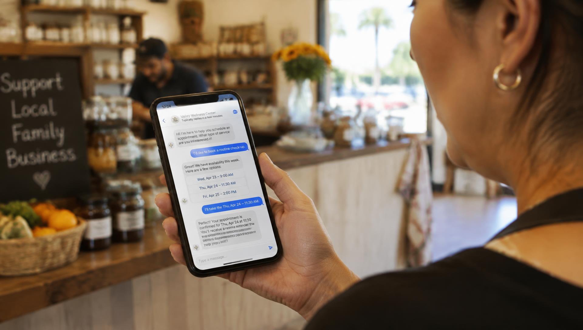 AI chatbot assisting a customer in a vibrant Reedley, CA downtown setting with fruit stands in the background