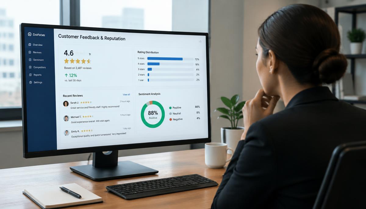 Business owner monitoring customer feedback with reputation management and review generation in California