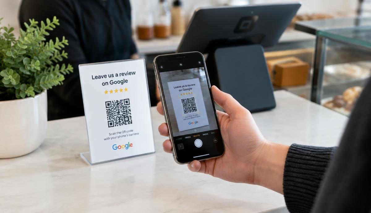 Customer using a QR code for Google reviews as part of customer review management services in California