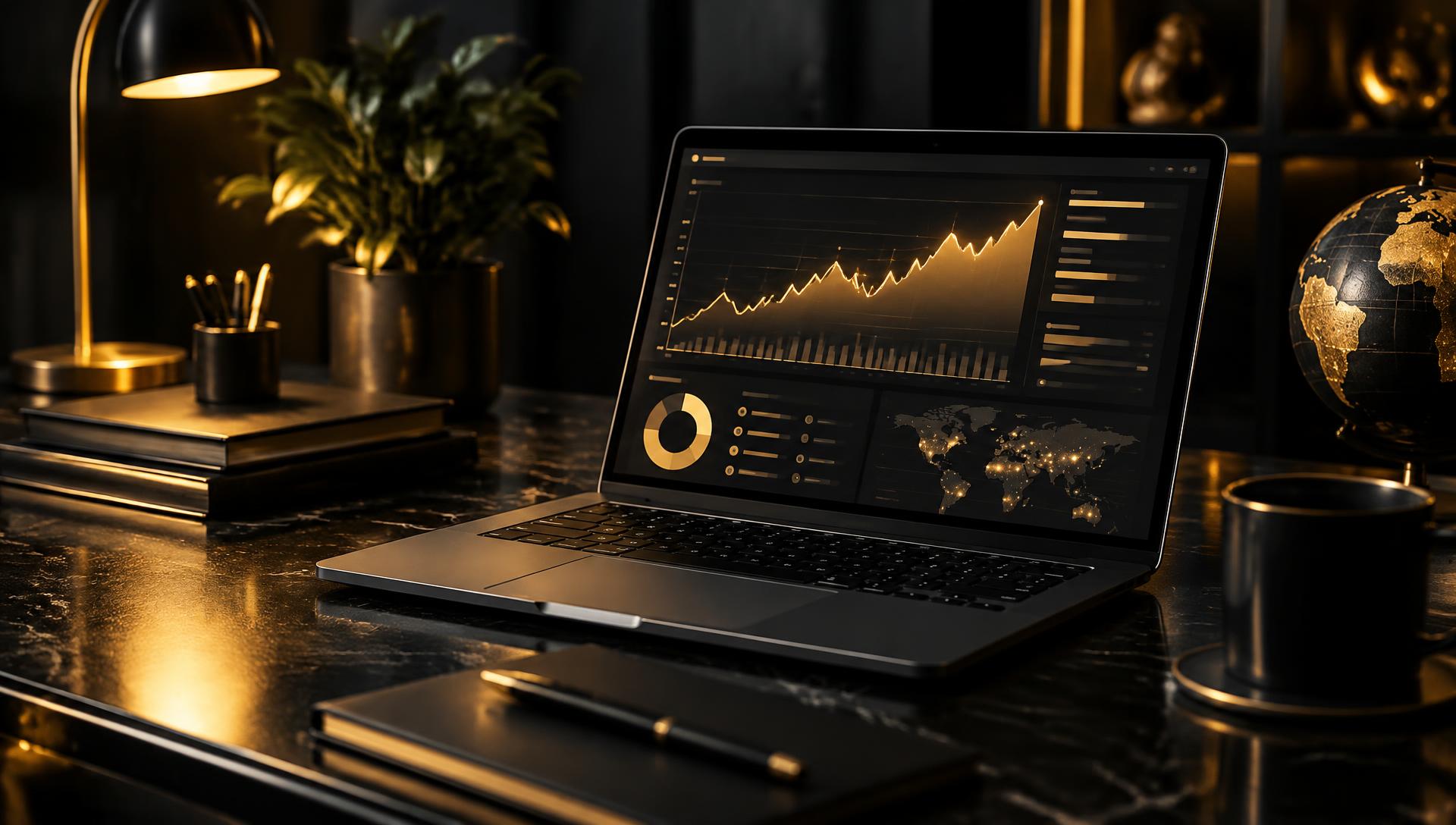 Laptop displaying an SEO analytics dashboard with rising website traffic graphs