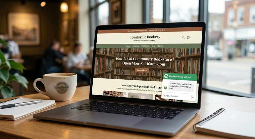 Laptop showing a website chat widget on a local business site