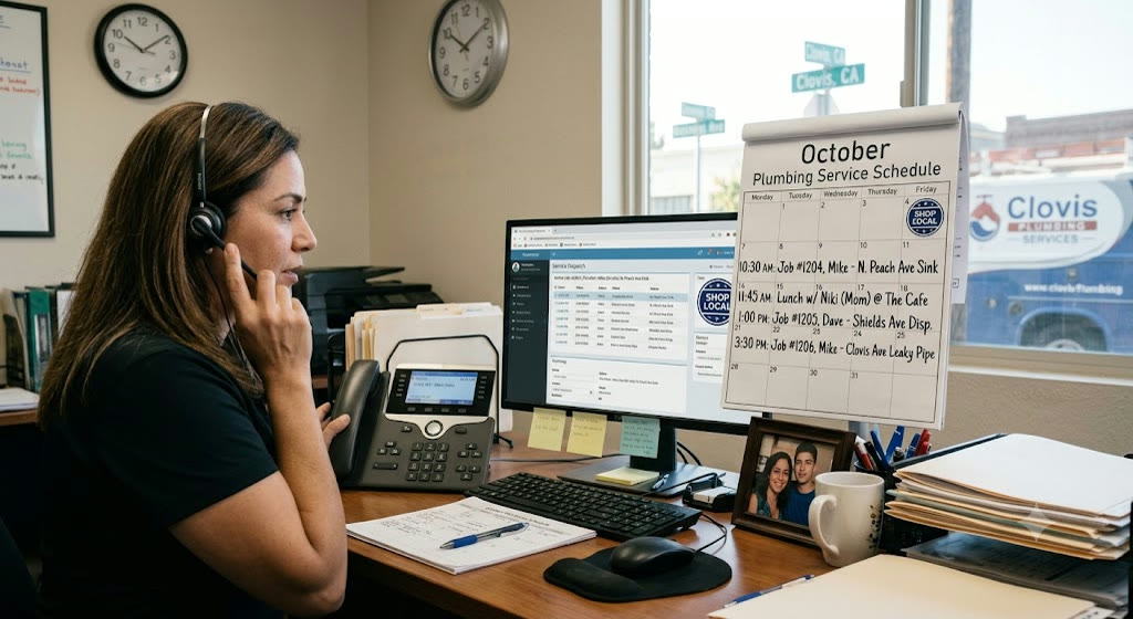 Dispatcher desk with a phone and a calendar showing booked plumbing jobs