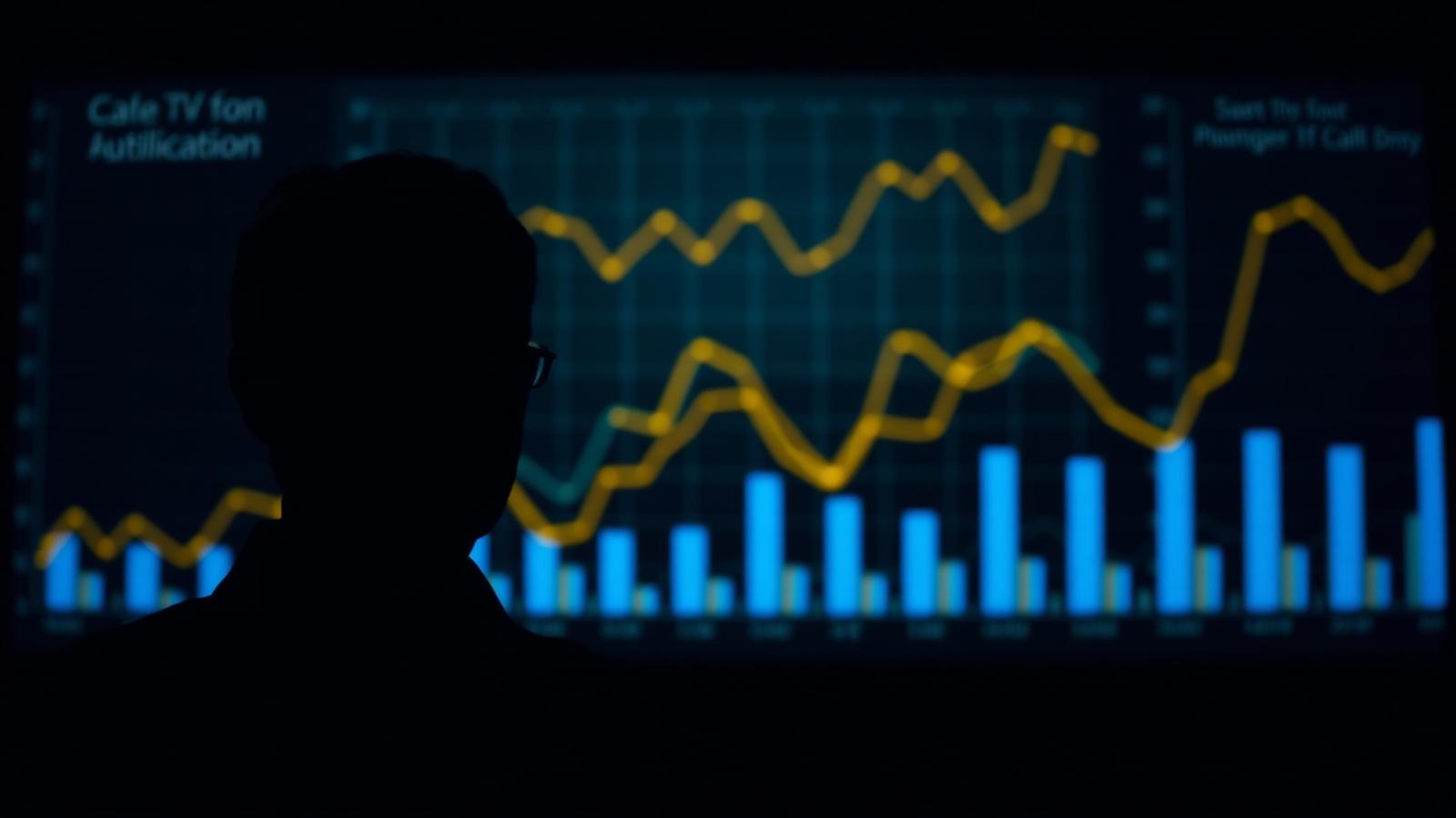 Corporate manager reviewing glowing gold and blue franchise performance charts on a large dark dashboard screen