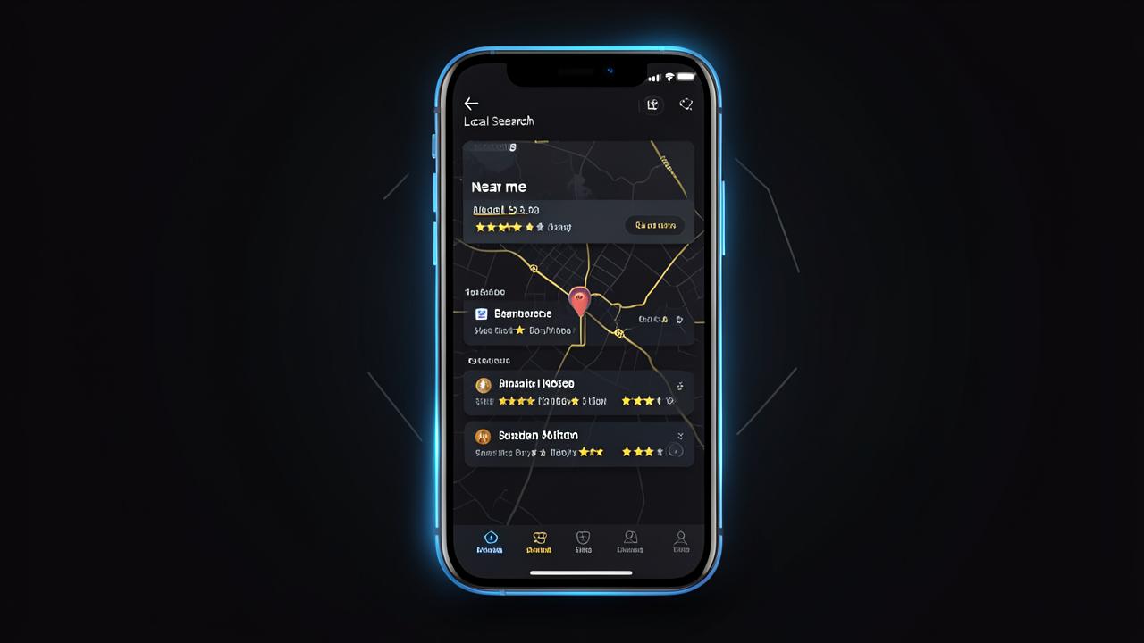 Smartphone showing a near me local search map with gold highlighted franchise listings and star ratings