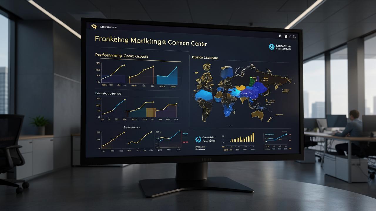 Franchise marketing dashboard on a dark screen showing gold and blue performance charts for multiple locations