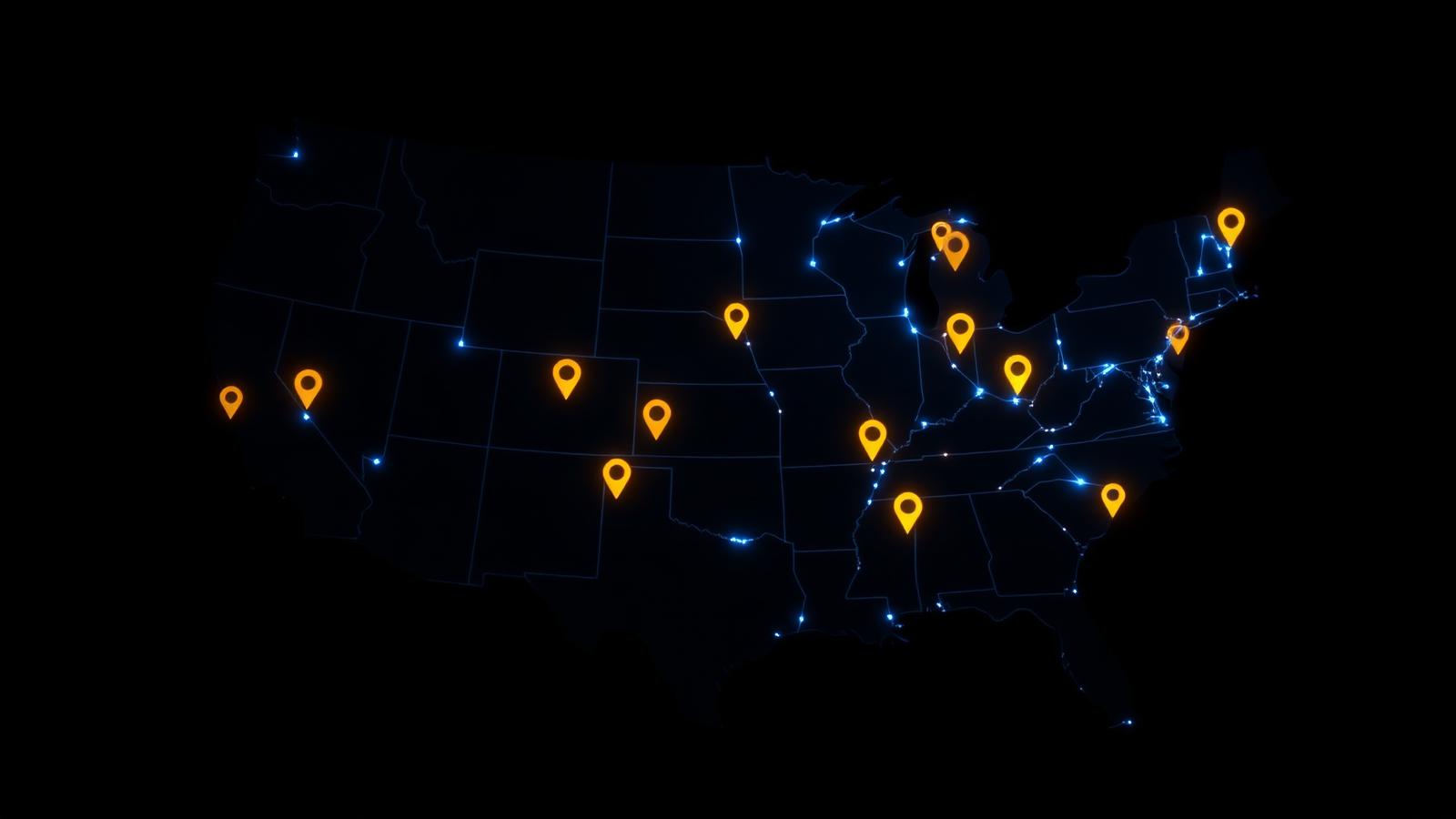 Glowing gold location pins across a dark map of the United States connected by blue light, showing a consistent franchise network