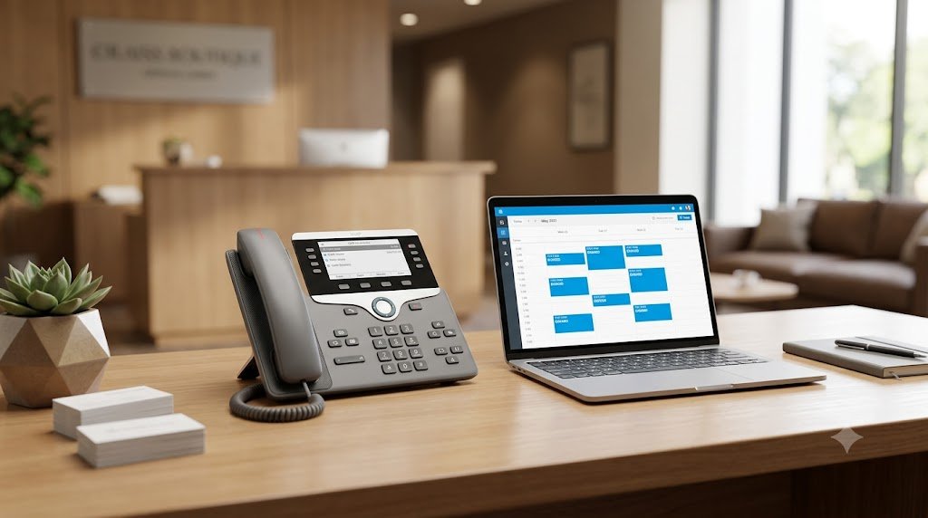 Front-office desk with a phone and a laptop showing a booked calendar