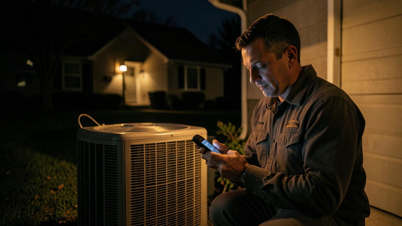 HVAC technician checking his phone at night beside an outdoor air conditioning unit
