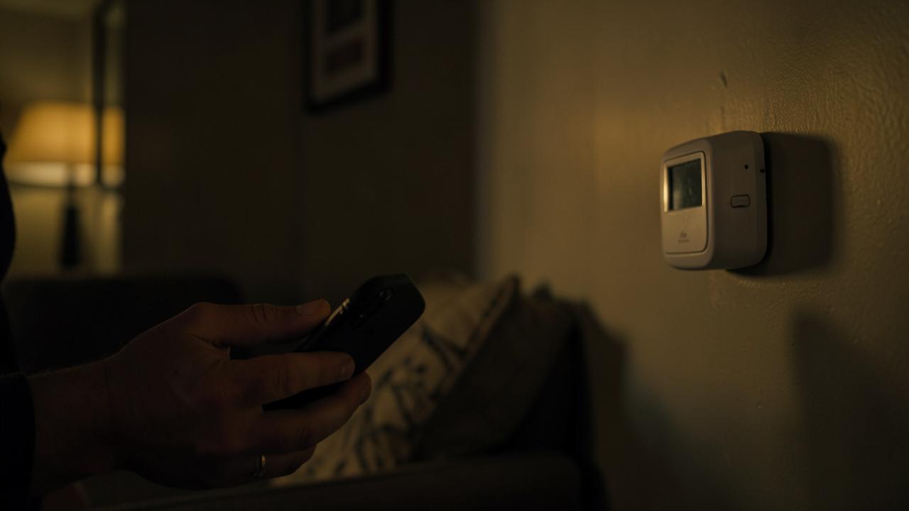 Homeowner using a phone in a dim living room next to a wall thermostat after hours
