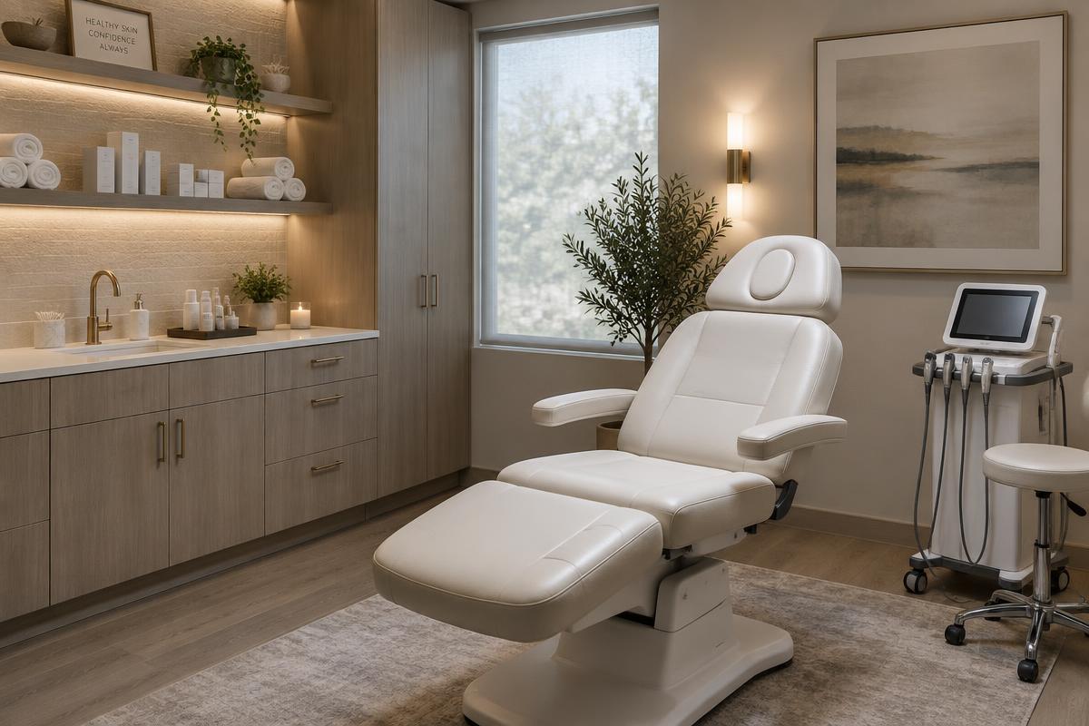 Empty treatment chair in a modern med spa room, representing revenue lost to appointment no-shows
