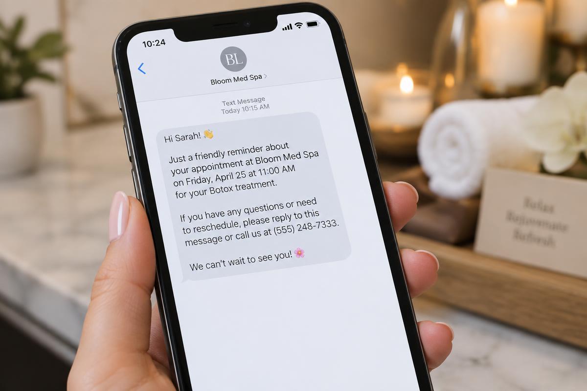 Smartphone showing an automated text message reminder for an upcoming med spa Botox appointment
