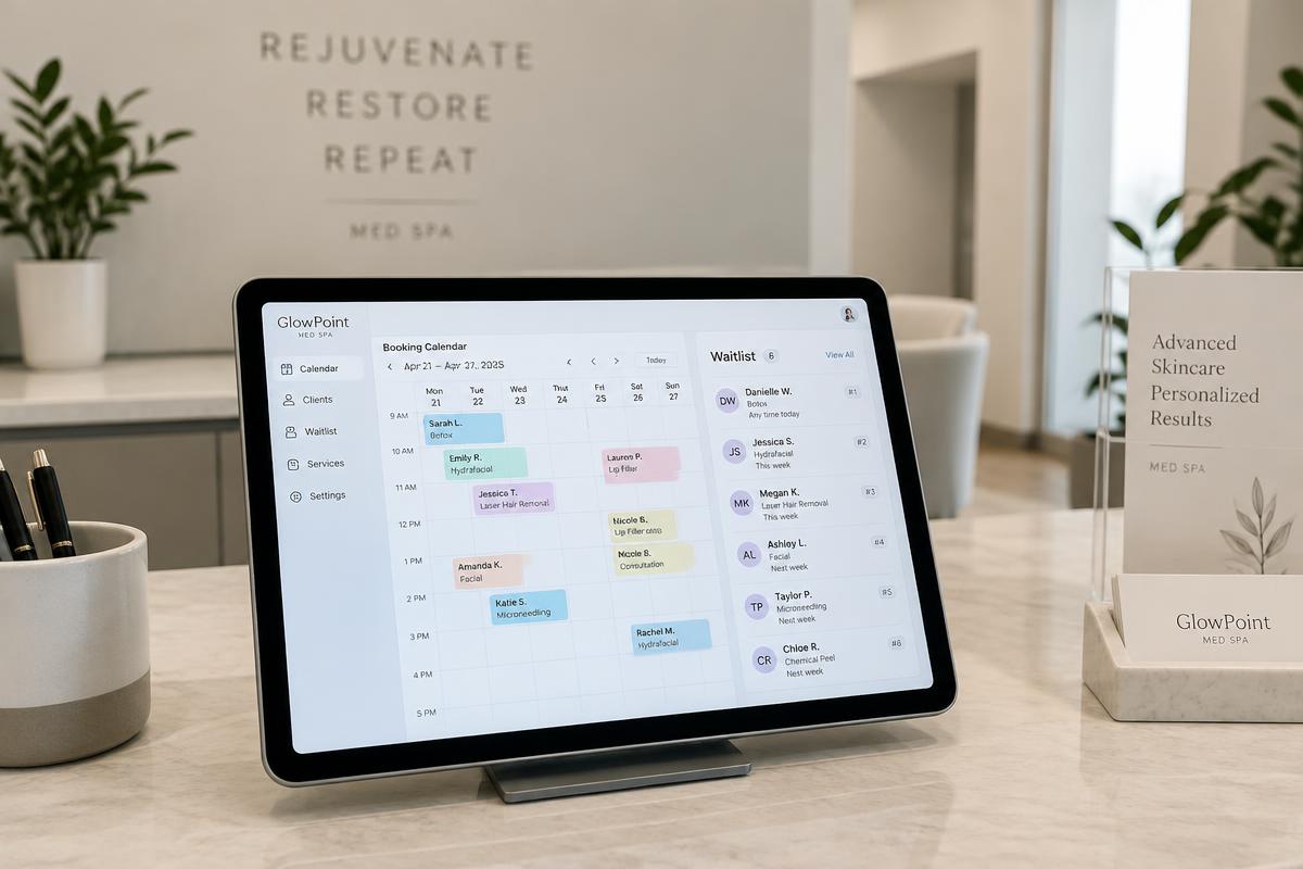 Med spa front desk tablet showing a booking calendar alongside an automated waitlist backfill list