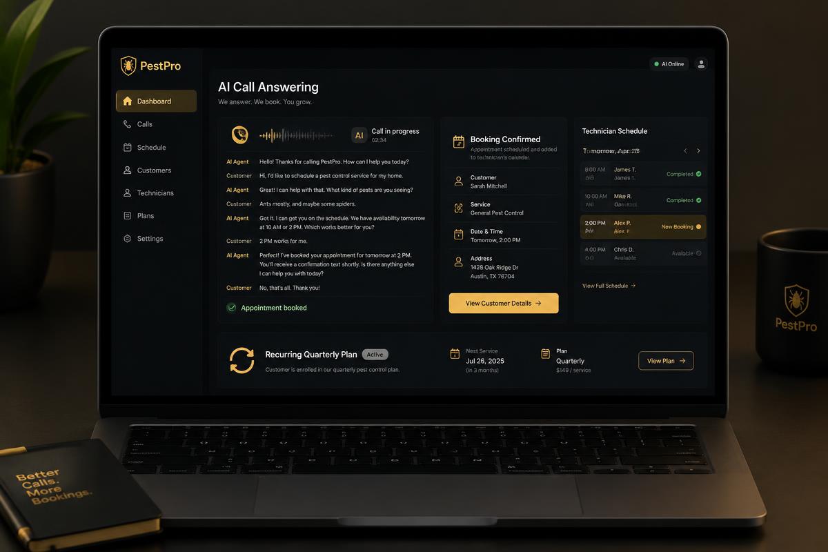 AI call answering dashboard booking a pest control appointment onto a technician schedule with a recurring quarterly plan
