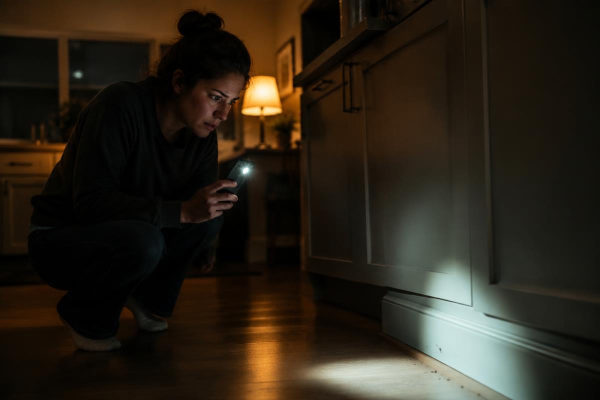 Homeowner crouching in a dark kitchen at night using a phone flashlight to inspect a pest problem along the baseboard