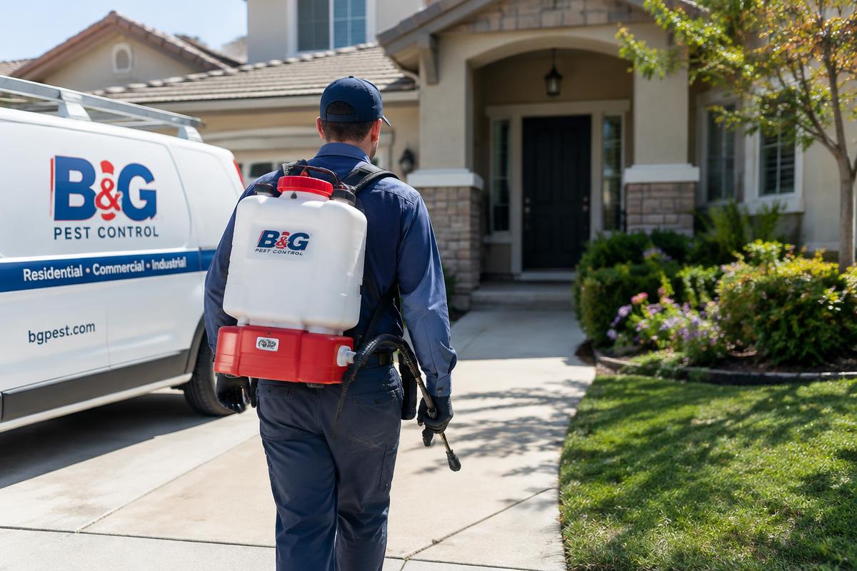 Pest control technician with spray equipment walking up to a suburban home during peak pest season