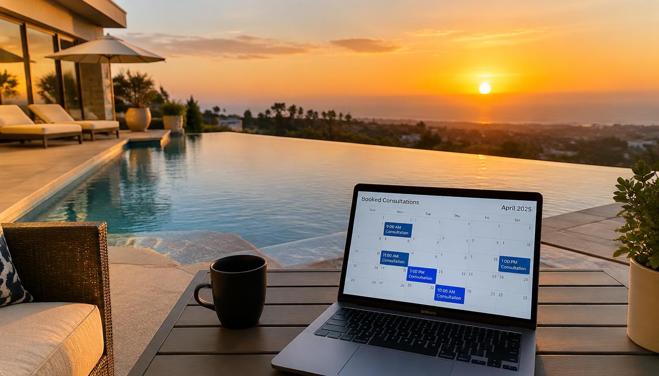 Luxury infinity pool at golden hour with a laptop on the patio showing a calendar of booked pool consultations