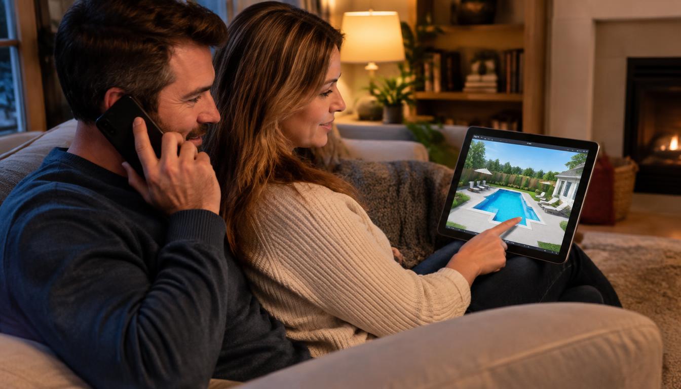 Homeowner couple calling a pool builder in the evening while reviewing a backyard pool design on a tablet