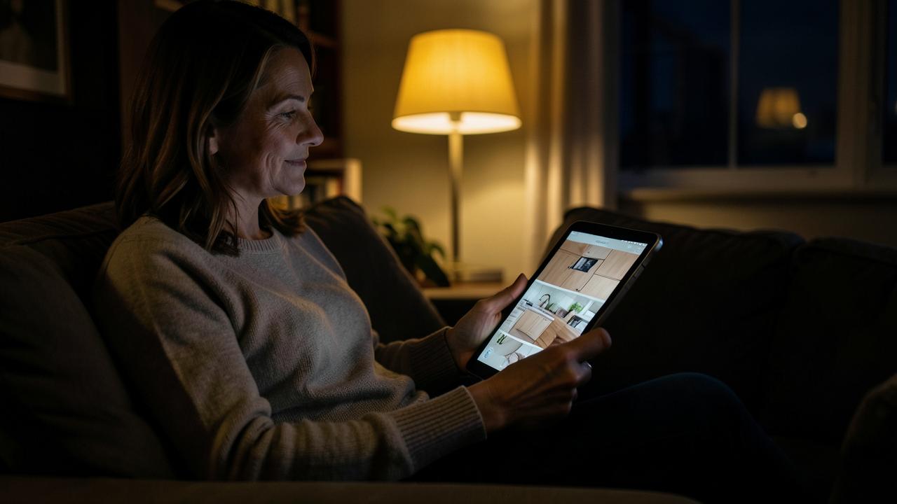 Homeowner browsing kitchen remodel inspiration on a tablet at night