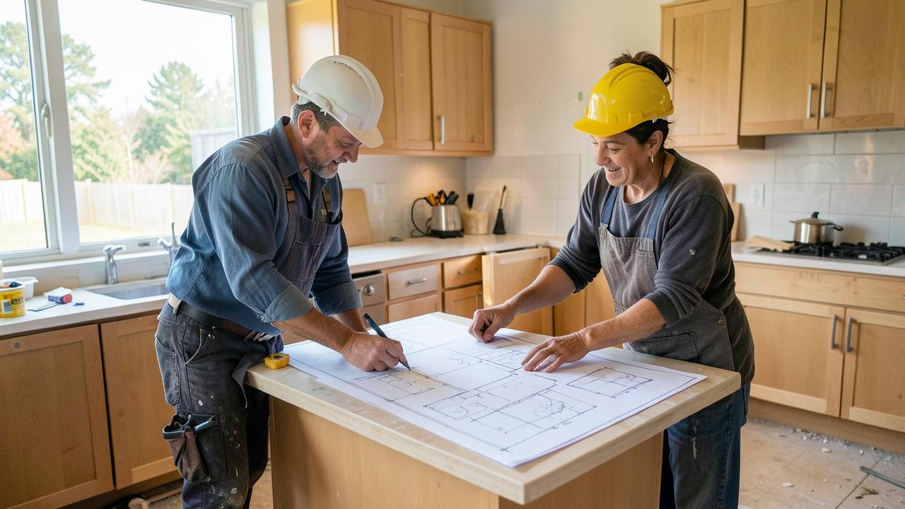 Remodeling contractor and project manager reviewing kitchen renovation plans on a job site