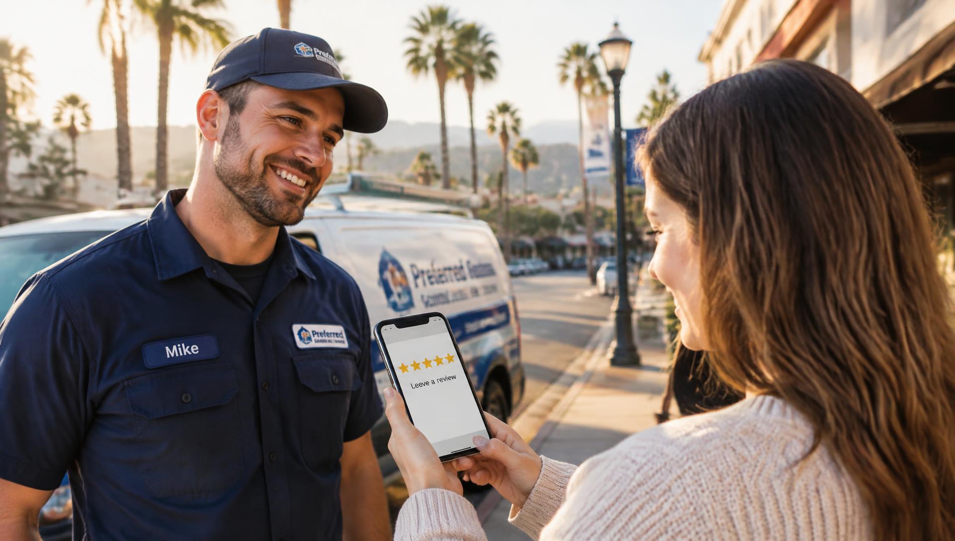 Madera downtown street with businesses showing off their 5-star ratings