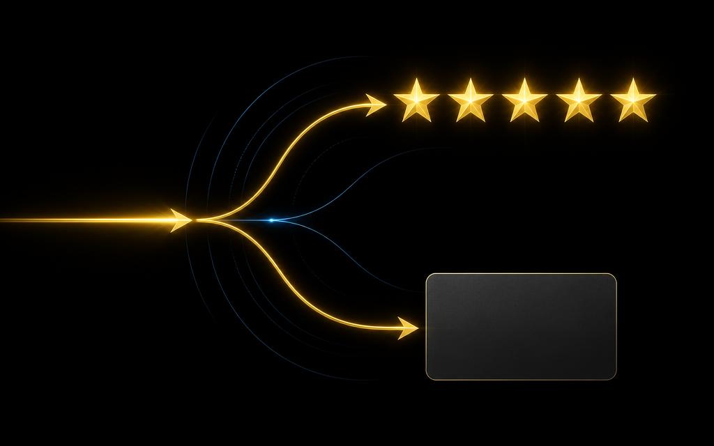 Diagram of a review request splitting into two paths: happy customers to five gold stars, unhappy customers to a private feedback form