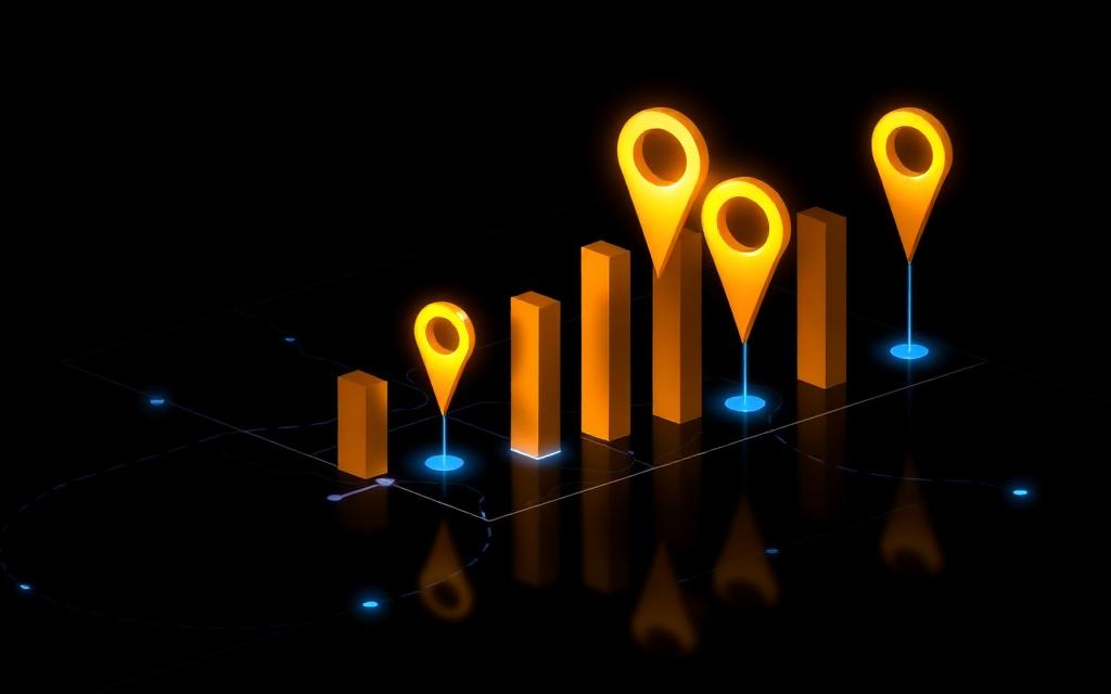Gold location pins rising like a bar chart over a dark map, illustrating how Google review volume lifts local map pack rankings