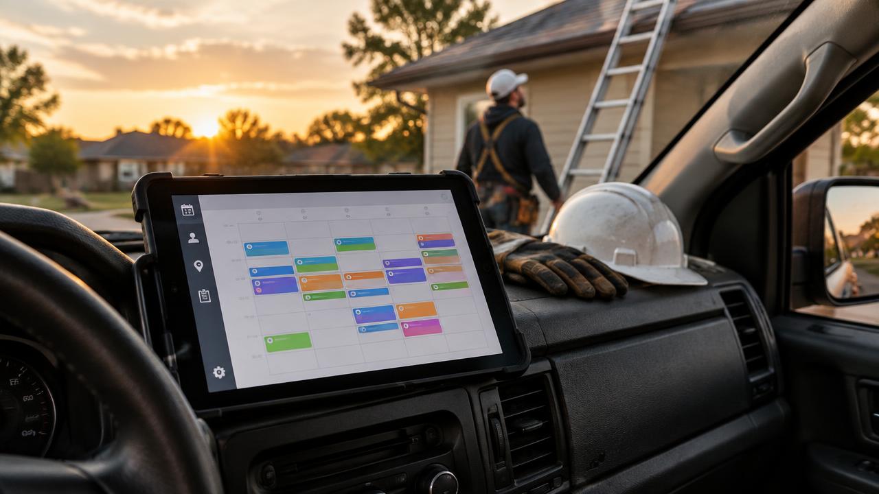 Tablet on a roofing contractor's truck dashboard showing a calendar full of booked roof inspections