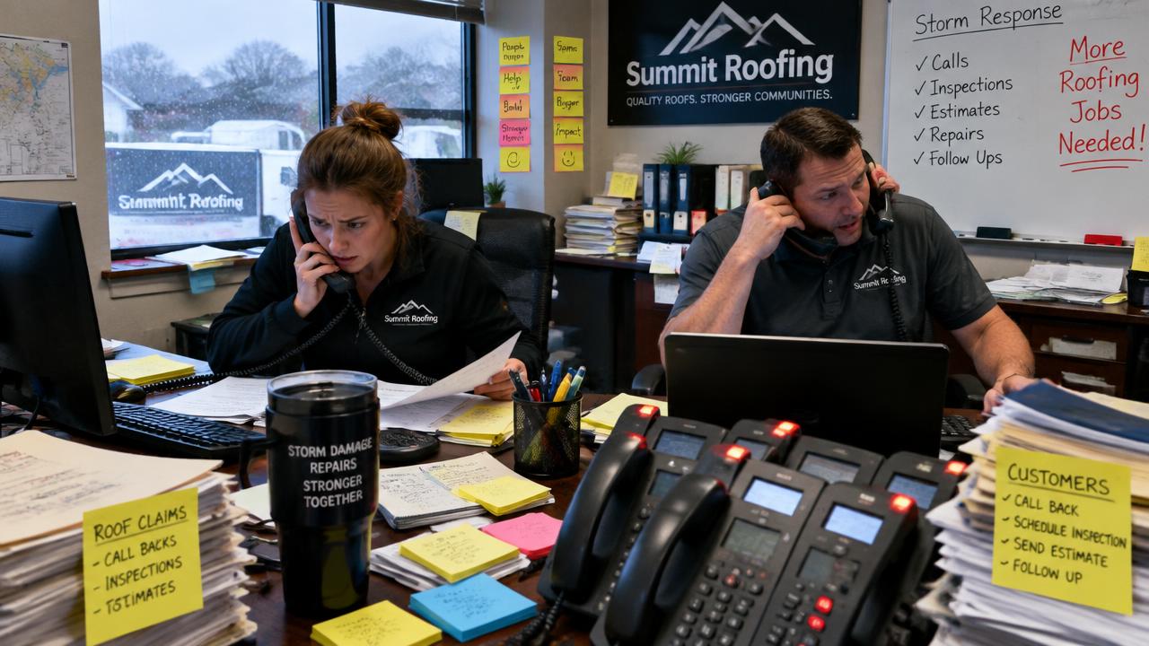 Two roofing office staff members overwhelmed by ringing phones during a post-storm call surge