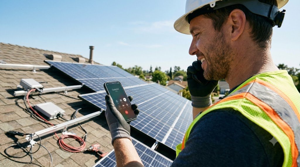 Solar installer on a roof checking a phone while a call is handled