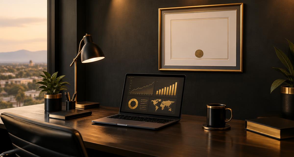 Willix AI office desk with an accreditation certificate and a marketing analytics dashboard on a laptop